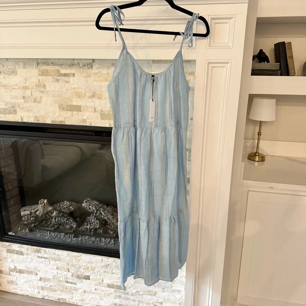 Else Patmos Blue Slip Dress NWT Medium Linen Cotton Striped Sleeveless Midi